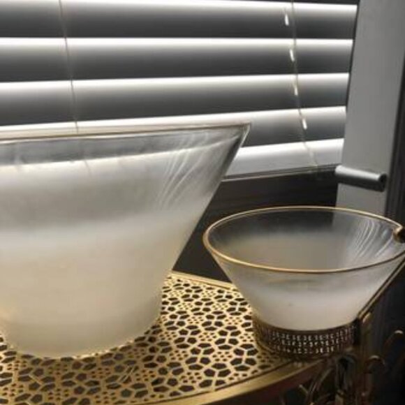 Vintage MCM Blendo White Frosted 3 Piece Chip & Dip Bowl Set with Holder - Picture 2 of 6